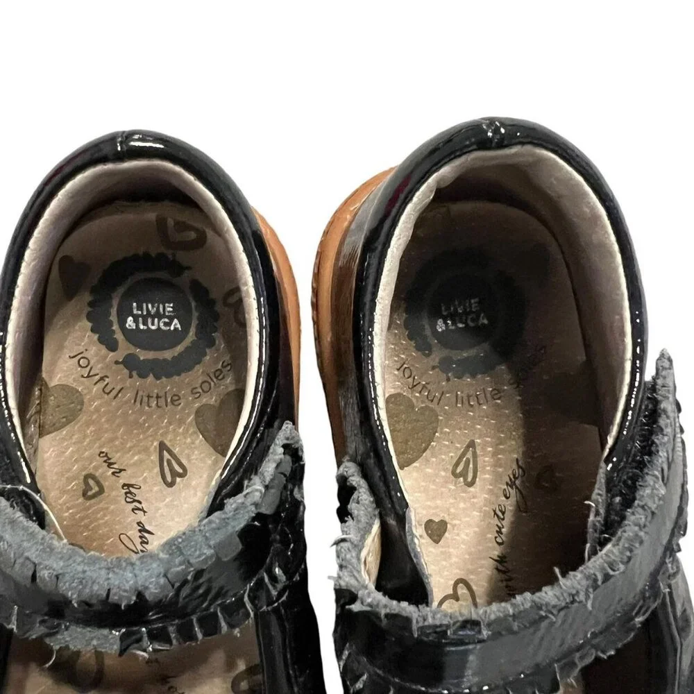 Livie & Luca Sz 9 Black Patent Leather Classic Ruche Mary Jane Shoes